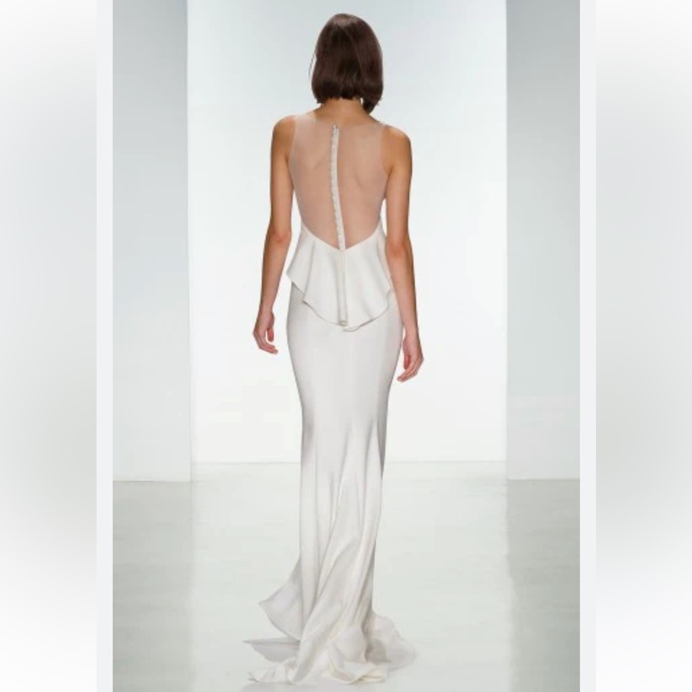 Amsale Demi Silk Crepe Sheer Back Button Ivory Wedding Gown in Size 14 - Picture 3 of 10